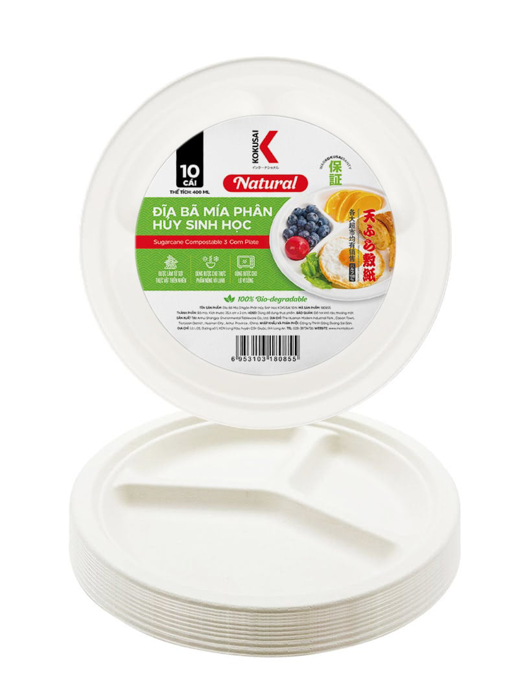 Đĩa bã mía 3 ngăn Kokusai 10 inch lốc 10 cái